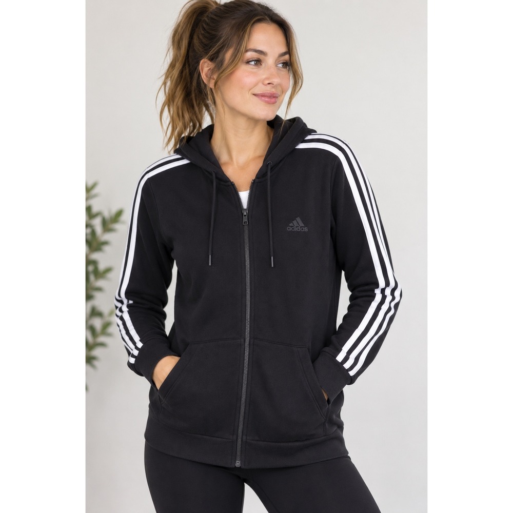 Adidas Essentials 3-Stripes Full Zip Hoodie Black White Women Medium